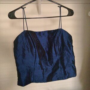 Vintage J.R. Nites By Caliendo Navy Blue Satin Corset Top with Floral Detail
